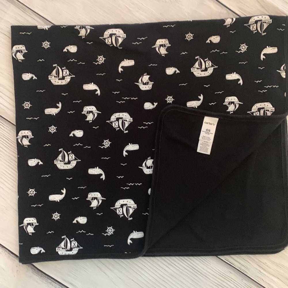 Carter's Baby Blanket Pirate Ship Whale Black & White Lovey Cotton Jersey Knit